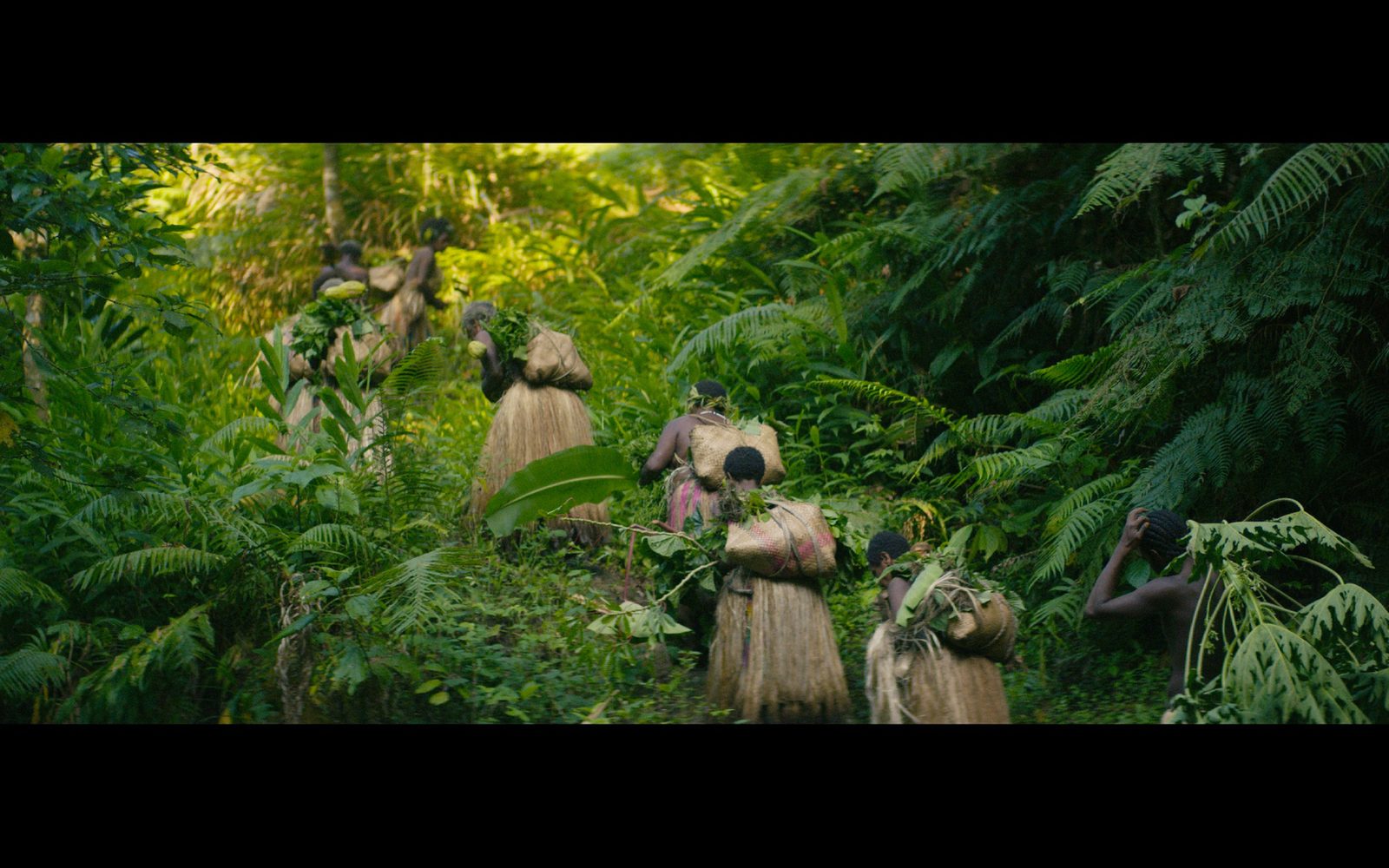 Women walking through dense jungle with woven baskets