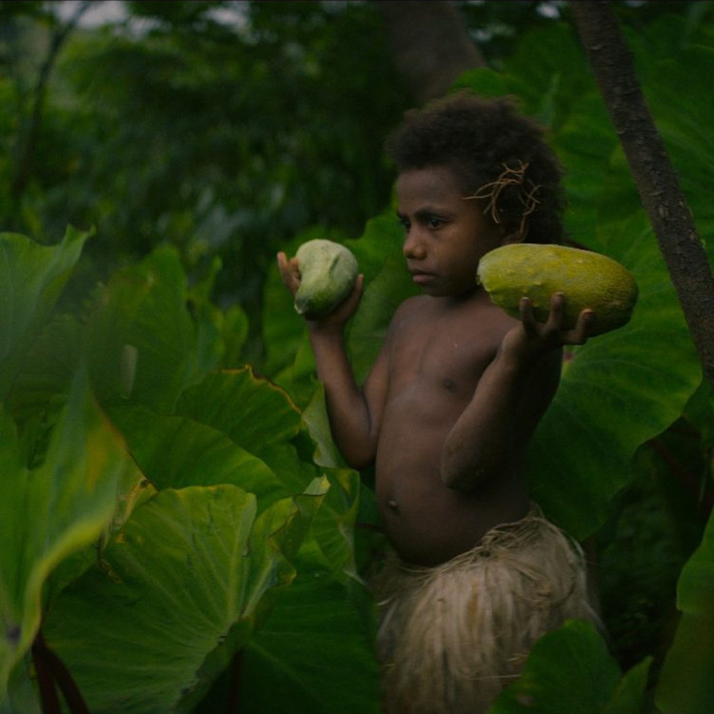 A child holding fruit among large leaves